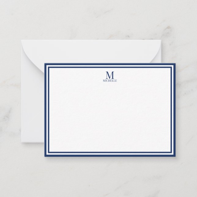 Minimalist Two Boarder Monogram Name Navy Blue Note Card (Front)