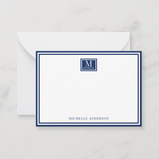Minimalist Two Boarder Monogram Name Navy Blue Note Card (Front)