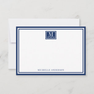 Minimalist Two Boarder Monogram Name Navy Blue Note Card