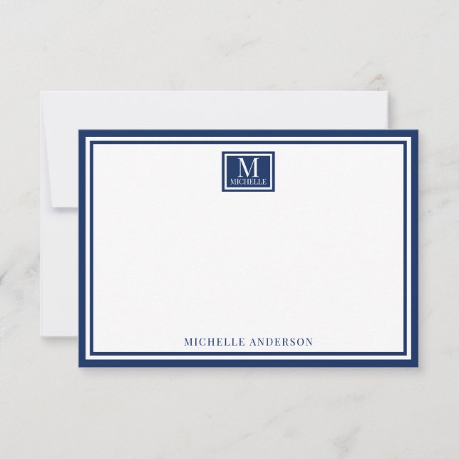 Minimalist Two Boarder Monogram Name Navy Blue Note Card (Front)