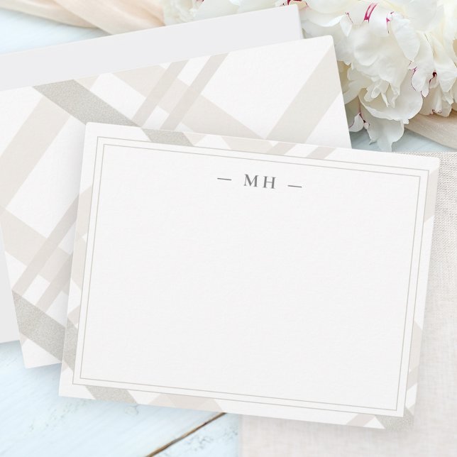Minimalist Two Border Monogram Initial Plaid Note Card (Creator Uploaded)