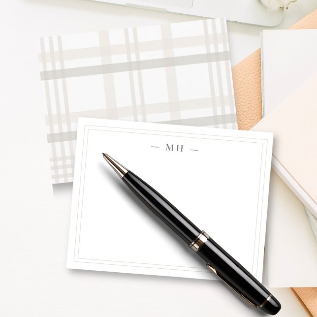 Minimalist Two Border Monogram Initial Plaid Note Card (Creator Uploaded)