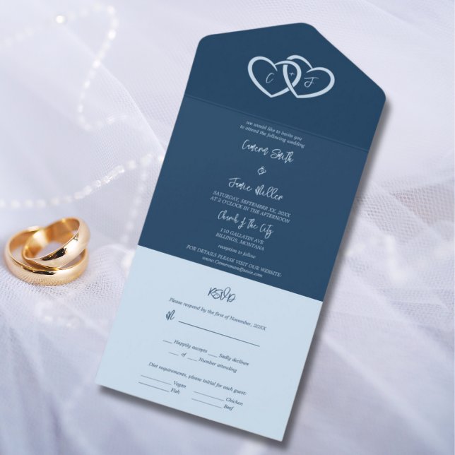Minimalist Two Hearts Intertwined & Initials Blue  All In One Invitation (Minimalist Two Hearts Intertwined & Initials Blue All In One Invitation)