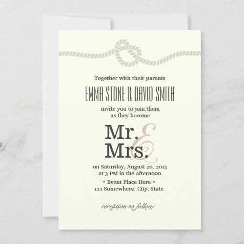Ivory White Mr. &amp; Mrs. Tying the Knot Wedding 5x7 Paper Invitation Card