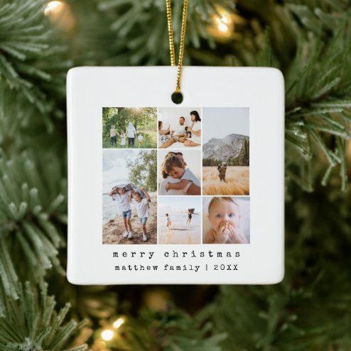 What Christmas looks like in 2026 - Pink Dramatic personalized gifts for you Minimalist Typewriter Family Photo Collage Ceramic Ornament – populair kerstcadeau en kerstdecoratie 2026