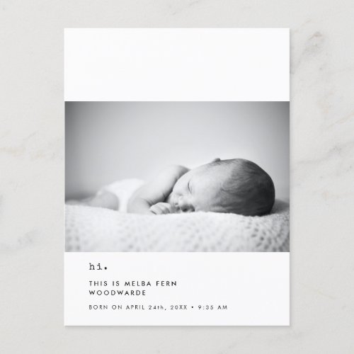 Minimalist typewriter Hi new baby photo Postcard