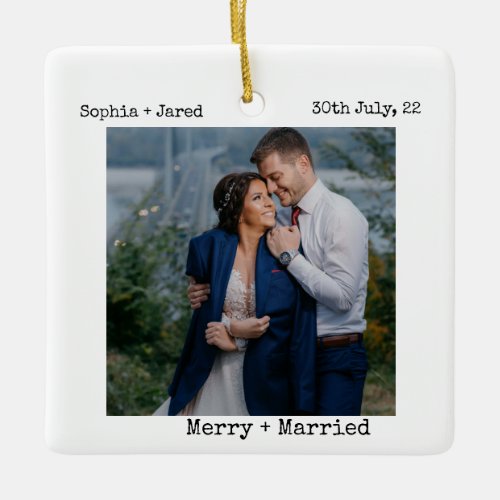 Minimalist Typewriter Merry and Married Photo  Cer Ceramic Ornament