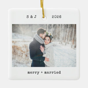 Minimalist Typewriter Merry and Married Photo Ceramic Ornament