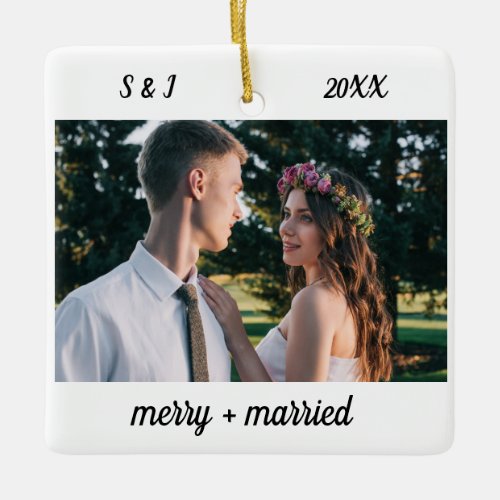 Minimalist Typewriter  Merry and Married Photo Ceramic Ornament