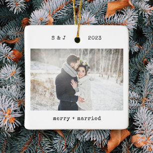 Minimalist Typewriter   Merry and Married Photo Ceramic Ornament