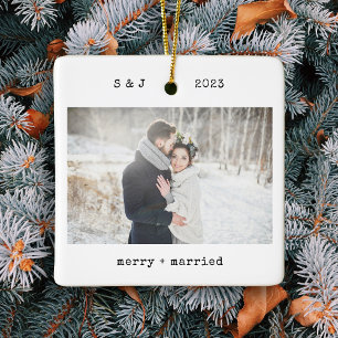 Minimalist Typewriter Merry and Married Photo Ceramic Ornament
