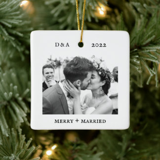 Minimalist Typewriter | Merry and Married Photo Ceramic Ornament