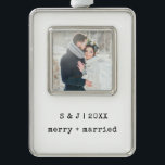 Minimalist Typewriter | Merry and Married Photo Christmas Ornament<br><div class="desc">This simple and minimalist Christmas ornament features your favorite wedding photo along with your initials,  the year,  and the words "merry and married" in black typewriter look text. A stylish keepsake for your first Christmas as husband and wife.</div>