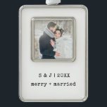Minimalist Typewriter | Merry and Married Photo Christmas Ornament<br><div class="desc">This simple and minimalist Christmas ornament features your favorite wedding photo along with your initials,  the year,  and the words "merry and married" in black typewriter look text. A stylish keepsake for your first Christmas as husband and wife.</div>