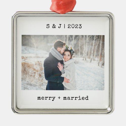 Minimalist Typewriter  Merry and Married Photo Metal Ornament