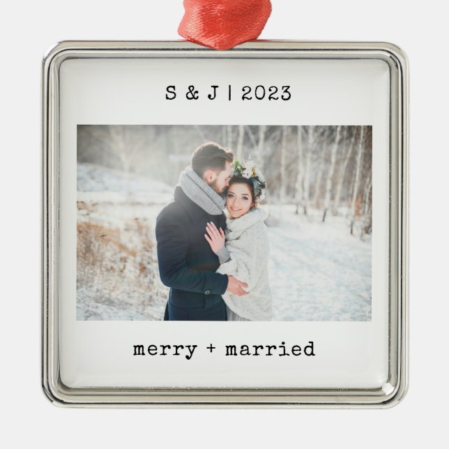Minimalist Typewriter | Merry and Married Photo Metal Ornament (Front)