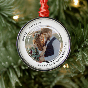 Minimalist Typewriter Merry and Married Photo Metal Ornament