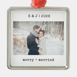 Minimalist Typewriter Merry and Married Photo Metal Ornament