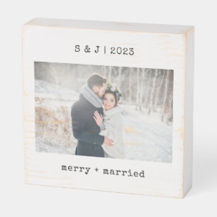 Minimalist Typewriter Merry and Married Photo Wooden Box Sign