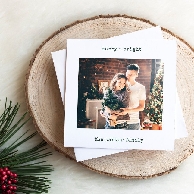 Minimalist Typewriter | Merry Christmas with Photo Holiday Card (A simple and stylish Christmas photo card with green typewriter look text)