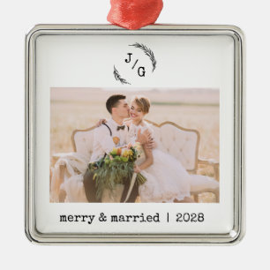 Minimalist Typewriter Monogram Merry and Married  Metal Ornament