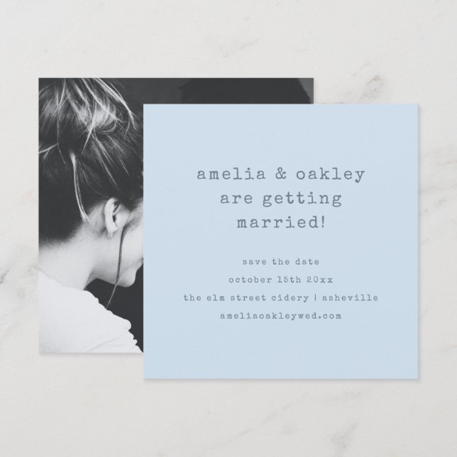 Minimalist Typewriter Retro Blue Wedding Photo Save The Date (Front/Back)