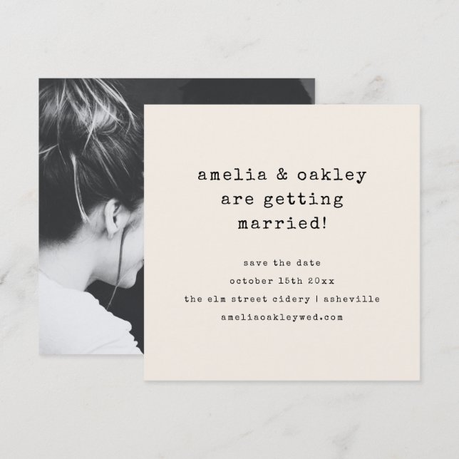 Minimalist Typewriter Retro Ivory Wedding Photo Save The Date (Front/Back)