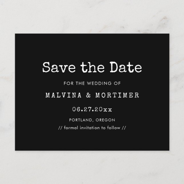Minimalist typewriter save the date postcard (Front)