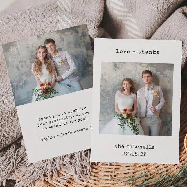 Minimalist Typewriter | Two Photo Simple Wedding Thank You Card | Zazzle
