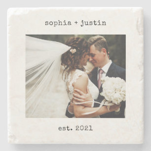 Minimalist Typewriter Wedding Photo and Year Stone Coaster