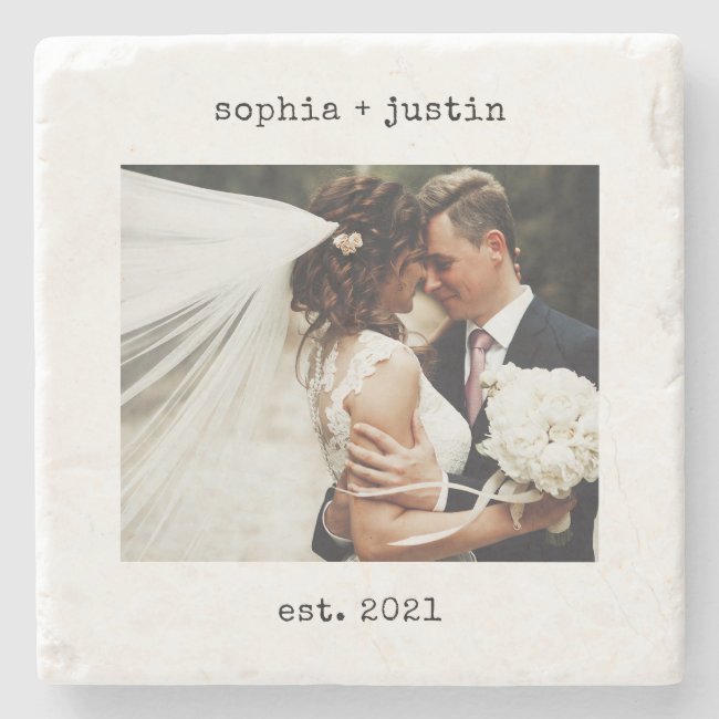 Minimalist Typewriter | Wedding Photo and Year Stone Coaster