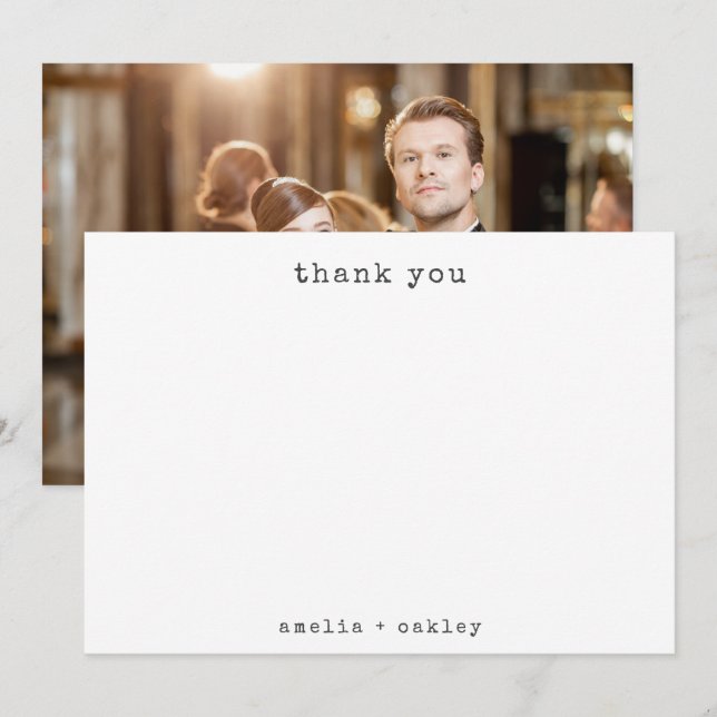 Minimalist Typewriter White Custom Wedding Photo Thank You Card (Front/Back)
