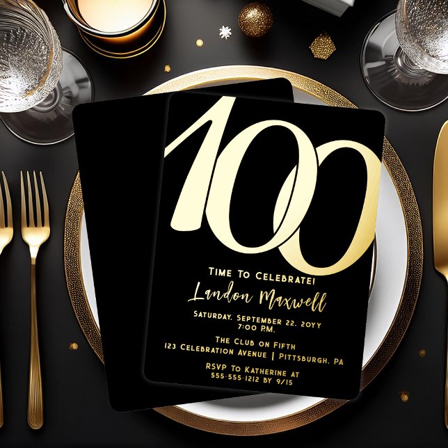 Minimalist Typography 100 100th Birthday Party Foil Invitation (Elegant Minimalist Typography "100" 100th Birthday Party Foil Invitation)