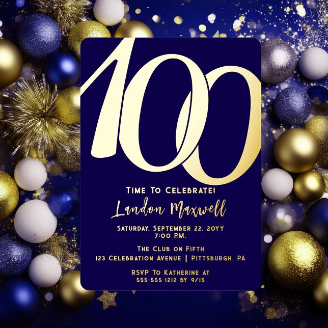 Minimalist Typography 100 100th Birthday Party Foil Invitation (Elegant Minimalist Typography "100" 100th Birthday Party Dark Blue and Gold Foil Invitation)