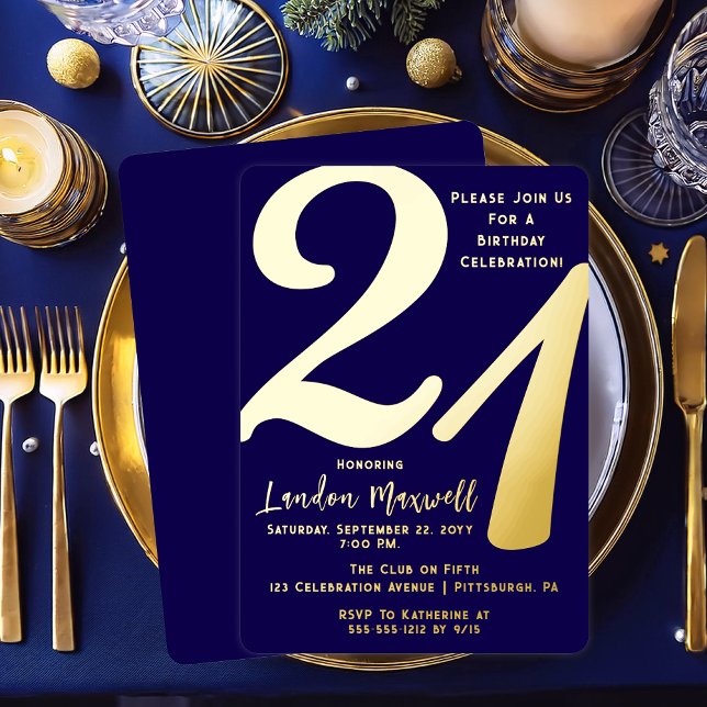 Minimalist Typography 21 21st Birthday Party Foil Invitation (Elegant Minimalist Typography "21" 21st Birthday Party Dark Blue and Gold Foil Invitation)