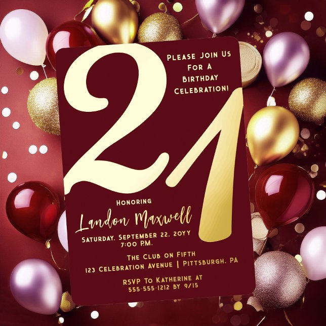Minimalist Typography 21 21st Birthday Party Foil Invitation (Elegant Minimalist Typography "21" 21st Birthday Party Burgundy and Gold Foil Invitation)