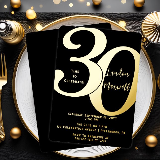 Minimalist Typography 30 30th Birthday Party Foil Invitation (Elegant Minimalist Typography "30" 30th Birthday Party Foil Invitation)