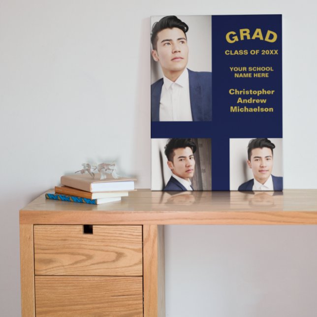 Minimalist Typography 3 Photo Graduation Faux Canvas Print (Creator Uploaded)