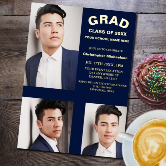 Minimalist Typography 3 Photo Graduation Foil Invitation (Creator Uploaded)