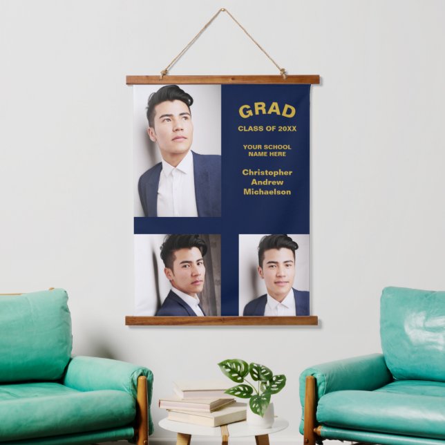Minimalist Typography 3 Photo Graduation Hanging Tapestry (Living Room)