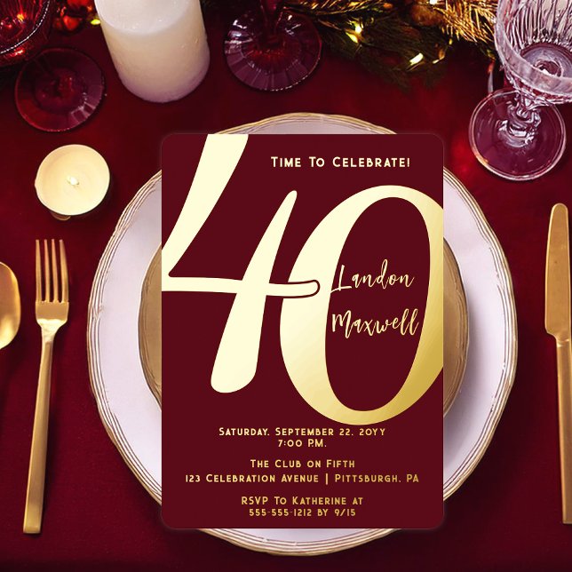 Minimalist Typography 40 40th Birthday Party Foil Invitation (Elegant Minimalist Typography "40" 40th Birthday Party Burgundy and Gold Foil Invitation)