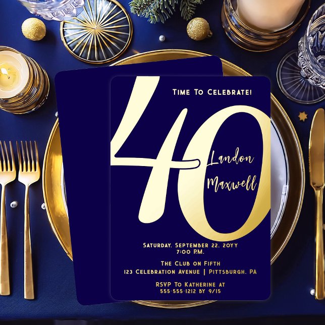 Minimalist Typography 40 40th Birthday Party Foil Invitation (Elegant Minimalist Typography "40" 40th Birthday Party Dark Blue and Gold Foil Invitation)
