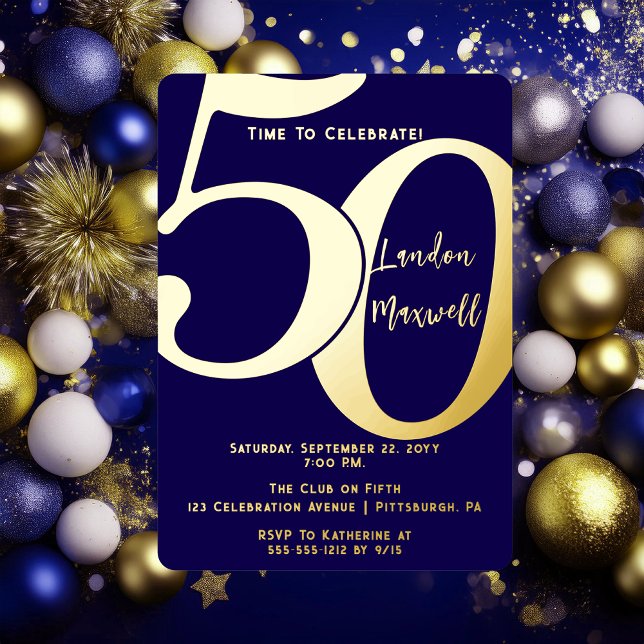 Minimalist Typography 50 50th Birthday Party Foil Invitation (Elegant Minimalist Typography "50" 50th Birthday Party Dark Blue and Gold Foil Invitation)