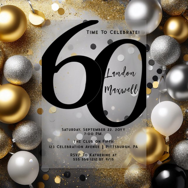 Minimalist Typography 60 60th Birthday Party Acrylic Invitations (Elegant Minimalist Typography "60" 60th Birthday Party Black and Clear Acrylic Invitation)