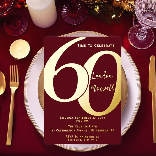 Minimalist Typography 60 60th Birthday Party Foil Invitation (Elegant Minimalist Typography "60" 60th Birthday Party Burgundy and Gold Foil Invitation)