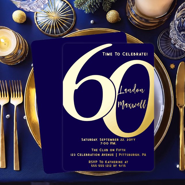 Minimalist Typography 60 60th Birthday Party Foil Invitation (Elegant Minimalist Typography "60" 60th Birthday Party Dark Blue and Gold Foil Invitation)