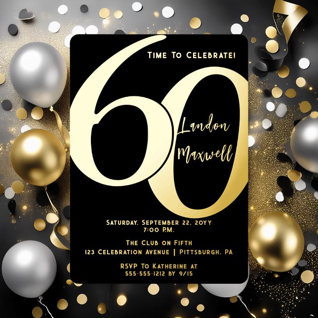 Minimalist Typography 60 60th Birthday Party Foil Invitation (Elegant Minimalist Typography "60" 60th Birthday Party Foil Invitation)