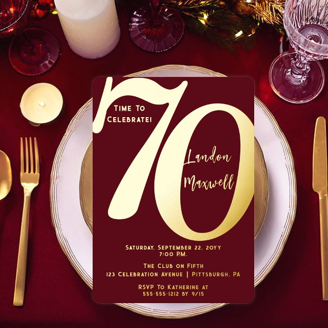 Minimalist Typography 70 70th Birthday Party Foil Invitation (Elegant Minimalist Typography "70" 70th Birthday Party Burgundy and Gold Foil Invitation)