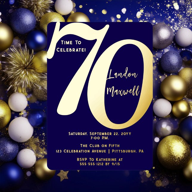 Minimalist Typography 70 70th Birthday Party Foil Invitation (Elegant Minimalist Typography "70" 70th Birthday Party Dark Blue and Gold Foil Invitation)