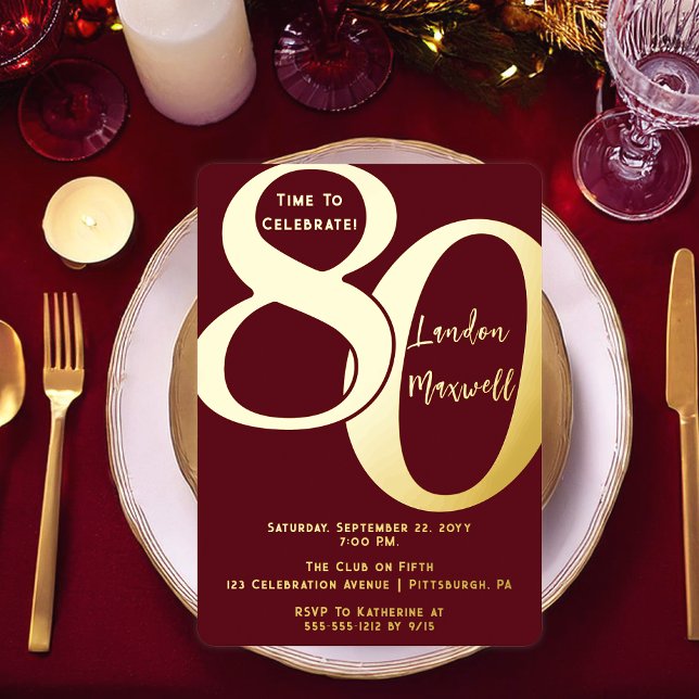 Minimalist Typography 80 80th Birthday Party Foil Invitation (Elegant Minimalist Typography "80" 80th Birthday Party Burgundy and Gold Foil Invitation)